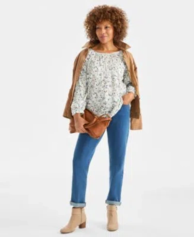 Style & Co Style Co Womens Printed Split Neck Peasant Top Macys Exclusive In Gray