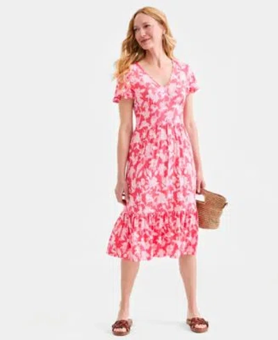 Style & Co Style Co Womens Printed V Neck Tiered Midi Dress Macys Exclusive In Pink