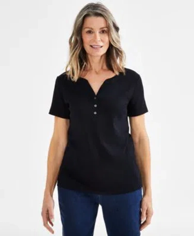 Style & Co Style Co Womens Short Sleeve Cotton Henley Top Pxs 4x Exclusively At Macys In Black