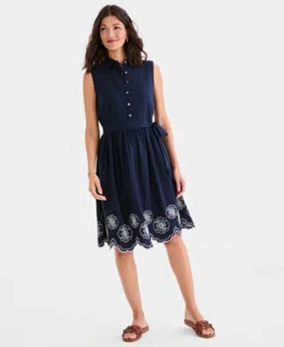 Style & Co Style Co Womens Sleeveless Embroidered Hem Shirtdress Macys Exclusive In Blue