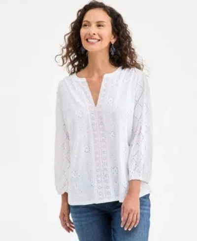 Style & Co Style Co Womens Split Neck Eyelet Embroidered Top Exclusively At Macys In White