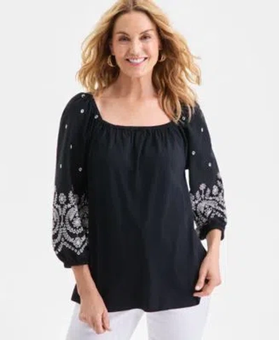 Style & Co Style Co Womens Square Neck Embroidered Knit Top Macys Exclusive In Black