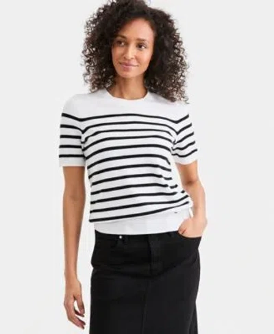 Style & Co Style Co Womens Stripe Crewneck Short Sleeve Sweater Macys Exclusive In Bright White