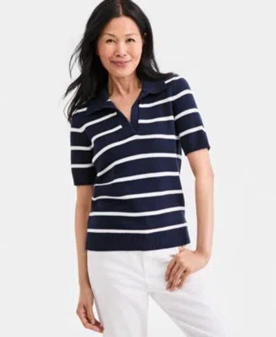 Style & Co Style Co Womens Striped Cotton Elbow Sleeve Johnny Collar Sweater Macys Exclusive In Blue