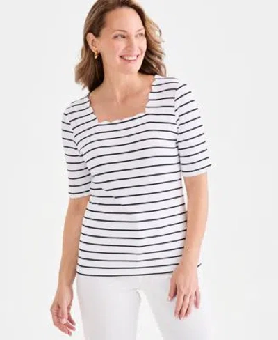 Style & Co Style Co Womens Striped Scalloped Square Neck Top Macys Exclusive In Bright White