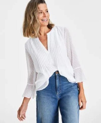 Style & Co Style Co Womens Textured Pintuck Ruffle Sleeve Top Xs Pxl Created For Macys In White