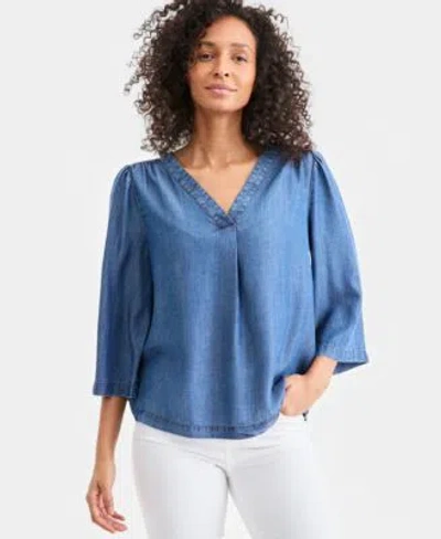 Style & Co Style Co Womens V Neck Chambray Top Macys Exclusive In Blue