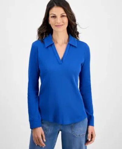 Style & Co Style Co Womens Waffle Knit Collared Top Macys Exclusive In Blue