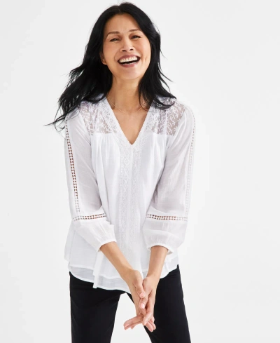 Style & Co Women's 3/4-sleeve Embroidered Lace Top, Created For Macy's In Bright White