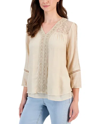 Style & Co Women's 3/4-sleeve Embroidered Lace Top, Created For Macy's In Doe