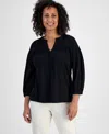 Style & Co Petite Mesh-trim Ruffled-cuff Top, Created For Macy's In Deep Black
