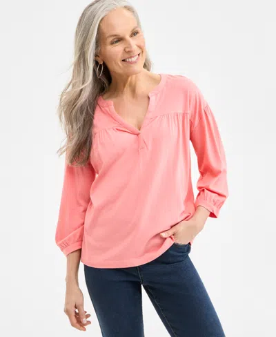 Style & Co Women's 3/4 Sleeve Split-neck Top, Exclusively At Macy's In Salmon Rose