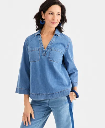Style & Co Women's 3/4-sleeve Denim Popover Top, Macy's Exclusive In Multi