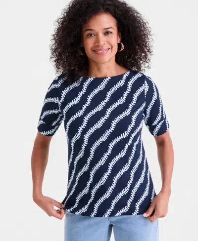 Style & Co Women's Boat-neck Elbow Sleeve Cotton Top, Exclusively At Macy's In Blue