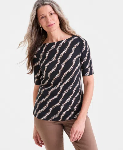 Style & Co Women's Boat-neck Elbow Sleeve Cotton Top, Exclusively At Macy's In Blue