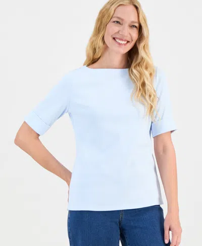 Style & Co Women's Boat-neck Elbow Sleeve Cotton Top, Exclusively At Macy's In Blue
