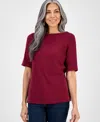 Style & Co Style Co Womens Boat Neck Elbow Sleeve Cotton Top Pxs 4x Exclusively At Macys In Burgundy