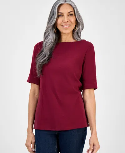 Style & Co Style Co Womens Boat Neck Elbow Sleeve Cotton Top Pxs 4x Exclusively At Macys In Burgundy