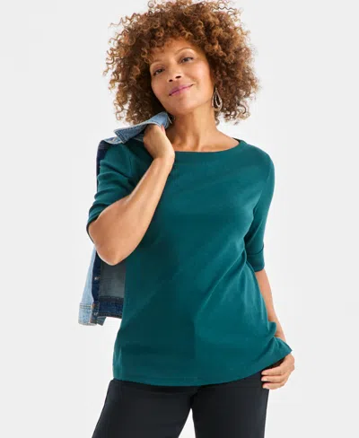 Style & Co Women's Boat-neck Elbow Sleeve Cotton Top, Exclusively At Macy's In Green