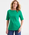 Style & Co Women's Boat-neck Elbow Sleeve Cotton Top, Exclusively At Macy's In Green