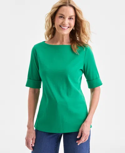 Style & Co Women's Boat-neck Elbow Sleeve Cotton Top, Exclusively At Macy's In Green