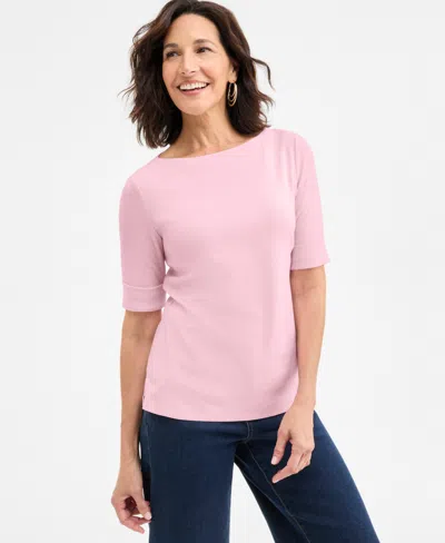 Style & Co Women's Boat-neck Elbow Sleeve Cotton Top, Exclusively At Macy's In Pink