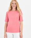 Style & Co Women's Boat-neck Elbow Sleeve Cotton Top, Exclusively At Macy's In Pink
