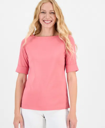 Style & Co Women's Boat-neck Elbow Sleeve Cotton Top, Exclusively At Macy's In Pink