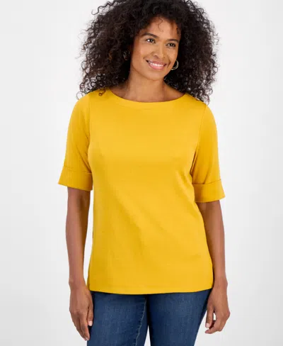 Style & Co Women's Boat-neck Elbow Sleeve Cotton Top, Exclusively At Macy's In Yellow