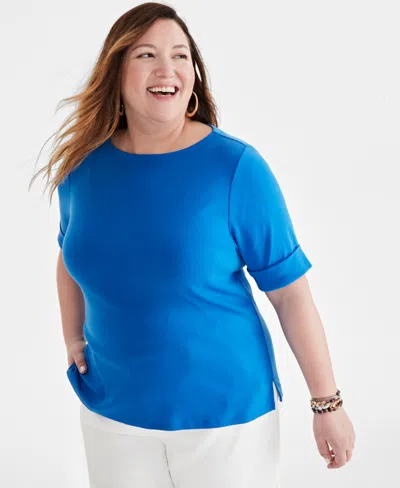 Style & Co Women's Boat-neck Elbow Sleeve Cotton Top, Xs-4x, Created For Macy's In Cosmic Cobalt