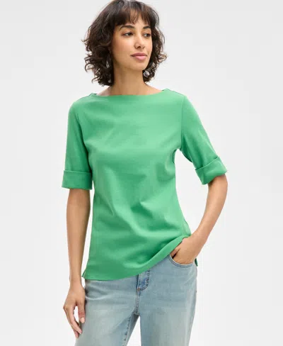 Style & Co Petite Cotton Elbow-sleeve Boat-neck Top, Created For Macy's In Hampton Green