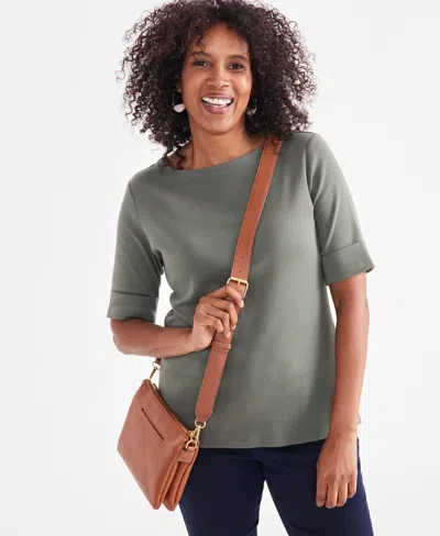 Style & Co Women's Boat-neck Elbow Sleeve Cotton Top, Xs-4x, Created For Macy's In Oliva