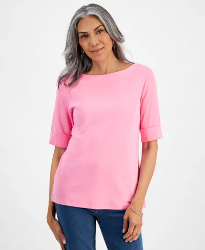 Style & Co Women's Boat-neck Elbow Sleeve Cotton Top, Xs-4x, Created For Macy's In Pink Stiletto