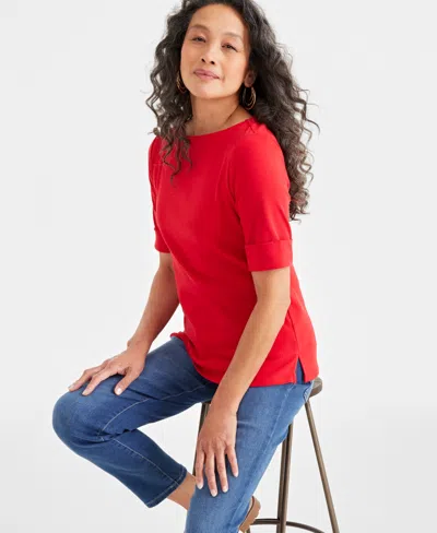Style & Co Women's Boat-neck Elbow Sleeve Cotton Top, Xs-4x, Created For Macy's In Tango Red
