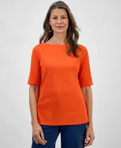 Style & Co Women's Boat-neck Elbow Sleeve Top, Exclusively At Macy's In Orange