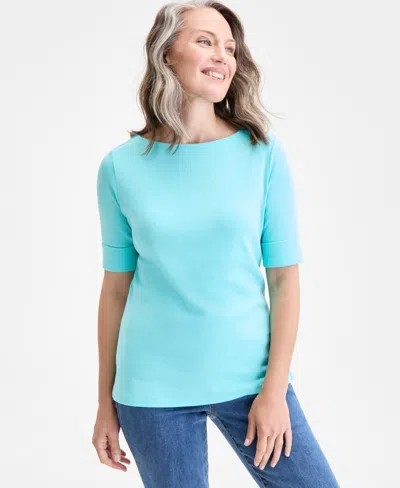 Style & Co Women's Boat-neck Elbow Sleeve Top, Exclusively At Macy's In Blue
