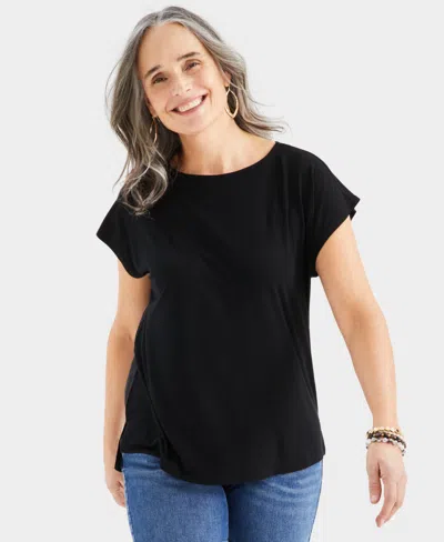Style & Co Women's Boat-neck Short-sleeve Mixed Media Tee, Created For Macy's In Deep Black