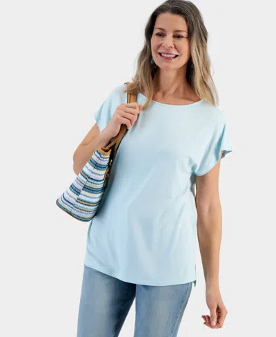 Style & Co Women's Boat-neck Short-sleeve Mixed Media Tee, Created For Macy's In Minty Turquoise