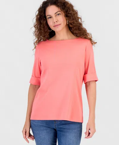 Style & Co Women's Boat-neck Elbow Sleeve Cotton Top, Exclusively At Macy's In Pink