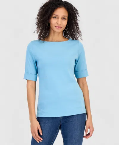 Style & Co Women's Boat-neck Elbow Sleeve Cotton Top, Exclusively At Macy's In Blue