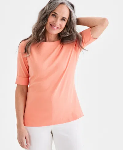 Style & Co Women's Boat-neck Elbow Sleeve Cotton Top, Exclusively At Macy's In Pink