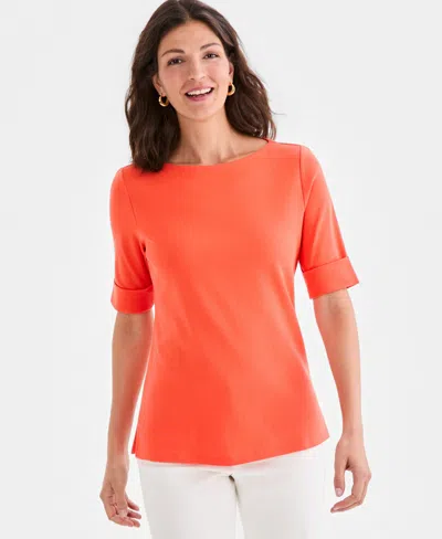 Style & Co Women's Boat-neck Elbow Sleeve Cotton Top, Exclusively At Macy's In Red