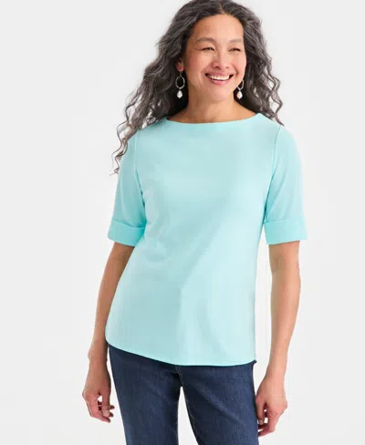 Style & Co Women's Boat-neck Elbow Sleeve Cotton Top, Exclusively At Macy's In Blue