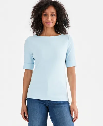 Style & Co Women's Boat-neck Elbow Sleeve Cotton Top, Exclusively At Macy's In Blue