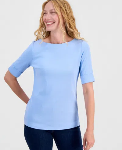 Style & Co Women's Boat-neck Elbow Sleeve Cotton Top, Exclusively At Macy's In Blue