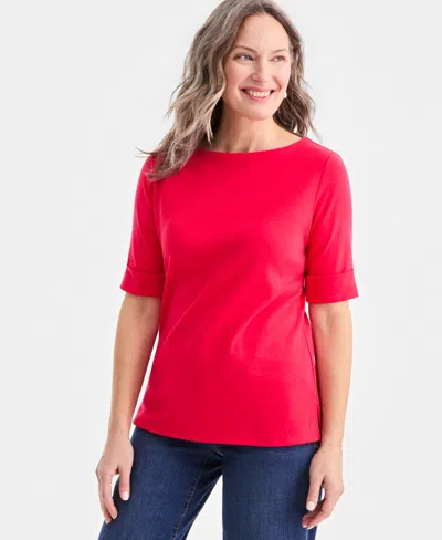 Style & Co Women's Boat-neck Elbow Sleeve Cotton Top, Exclusively At Macy's In Red