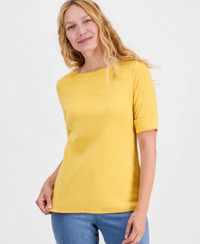 Style & Co Women's Boat-neck Elbow Sleeve Cotton Top, Exclusively At Macy's In Yellow