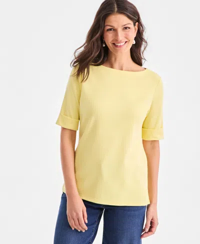 Style & Co Women's Boat-neck Elbow Sleeve Cotton Top, Exclusively At Macy's In Yellow