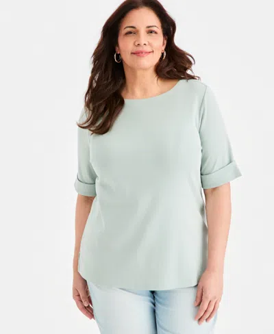 Style & Co Women's Boat-neck Elbow Sleeve Cotton Top, Xs-4x, Created For Macy's In Green