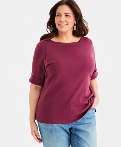 Style & Co Women's Boat-neck Elbow Sleeve Cotton Top, Xs-4x, Created For Macy's In Burgundy
